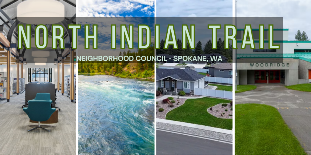 From left to right: An interior image of the Indian Trail Library with a desk , chair and book shelf, a photo of the Little Spokane river with trees, an ariel photo of a housing development in the North Indian Trail neighborhood, and an image of Woodridge Elementary School. 
