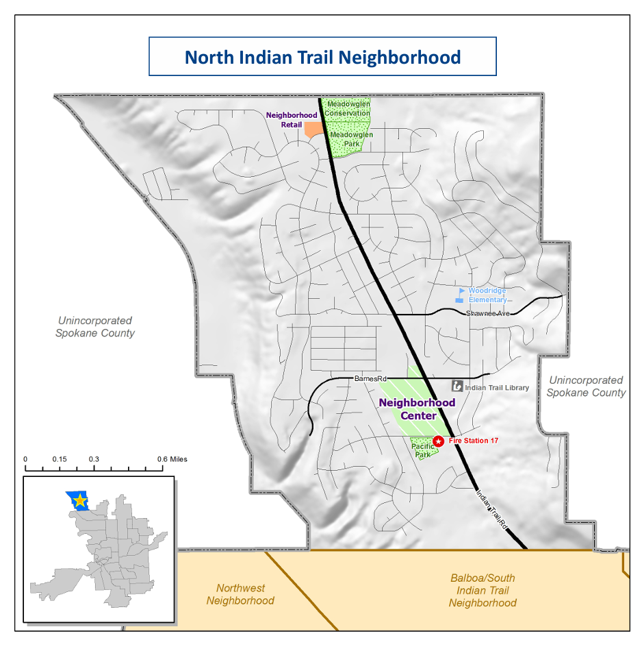 Map of the North Indian Trail Neighborhood boundaries, and featuring marked spots like Woodridge Elementary and Meadowglen Conservation area. 